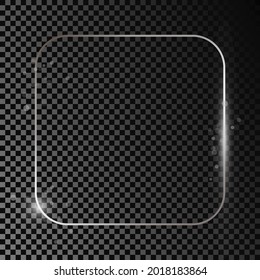 Silver glowing rounded square frame with sparkles isolated on dark transparent background. Shiny frame with glowing effects. Vector illustration