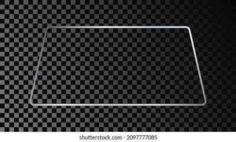 Silver glowing rounded trapezoid shape frame isolated on dark transparent background. Shiny frame with glowing effects. Vector illustration