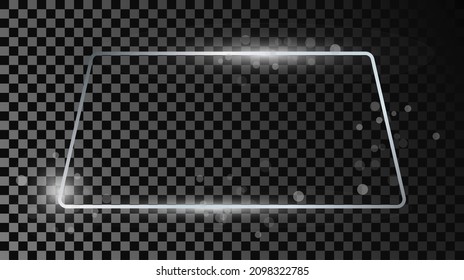 Silver glowing rounded trapezoid shape frame with sparkles isolated on dark transparent background. Shiny frame with glowing effects. Vector illustration