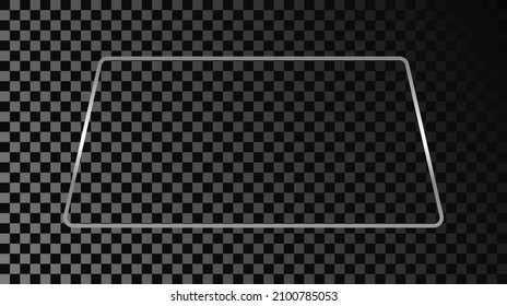 Silver glowing rounded trapezoid shape frame isolated on dark transparent background. Shiny frame with glowing effects. Vector illustration