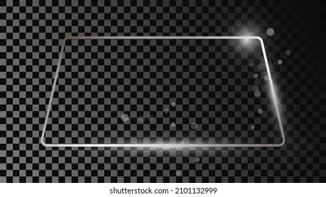 Silver glowing rounded trapezoid shape frame with sparkles isolated on dark transparent background. Shiny frame with glowing effects. Vector illustration