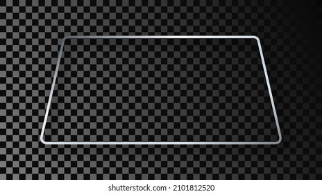 Silver glowing rounded trapezoid shape frame with shadow isolated on dark transparent background. Shiny frame with glowing effects. Vector illustration