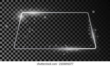 Silver glowing rounded trapezoid shape frame with sparkles isolated on dark transparent background. Shiny frame with glowing effects. Vector illustration