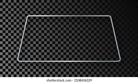 Silver glowing rounded trapezoid shape frame with shadow isolated on dark transparent background. Shiny frame with glowing effects. Vector illustration