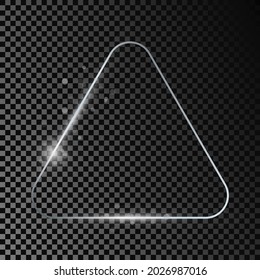 Silver glowing rounded triangle frame with sparkles isolated on dark transparent background. Shiny frame with glowing effects. Vector illustration