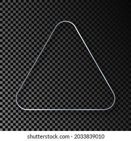 Silver glowing rounded triangle frame with shadow isolated on dark transparent background. Shiny frame with glowing effects. Vector illustration