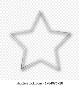 Silver glowing star shape frame with shadow isolated on transparent background. Shiny frame with glowing effects. Vector illustration.