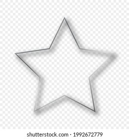 Silver glowing star shape frame with shadow isolated on transparent background. Shiny frame with glowing effects. Vector illustration.