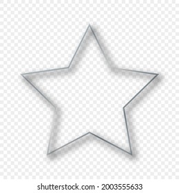 Marco de forma estrella brillante plateado con sombra aislada sobre fondo transparente. Marco brillante con efectos brillantes. Ilustración vectorial.