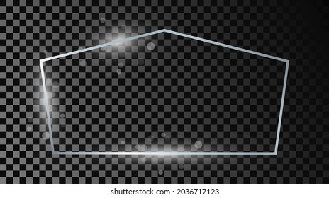 Silver glowing tetragon shape frame with sparkles isolated on dark transparent background. Shiny frame with glowing effects. Vector illustration