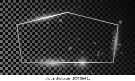 Silver glowing tetragon shape frame with sparkles isolated on dark transparent background. Shiny frame with glowing effects. Vector illustration