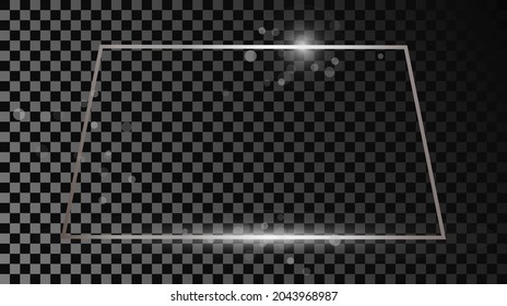 Silver glowing trapezoid shape frame with sparkles isolated on dark transparent background. Shiny frame with glowing effects. Vector illustration