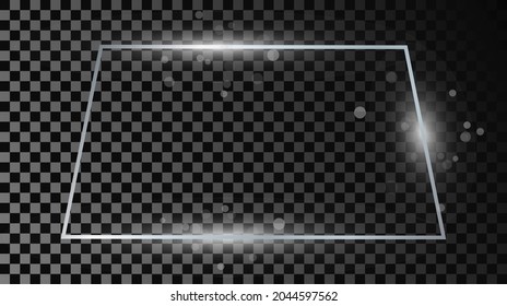 Silver glowing trapezoid shape frame with sparkles isolated on dark transparent background. Shiny frame with glowing effects. Vector illustration
