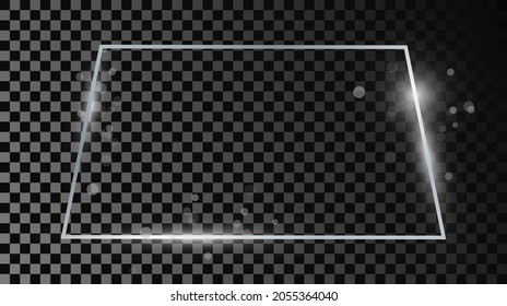 Silver glowing trapezoid shape frame with sparkles isolated on dark transparent background. Shiny frame with glowing effects. Vector illustration