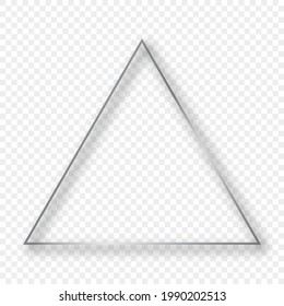 Silver glowing triangle frame with shadow isolated on transparent background. Shiny frame with glowing effects. Vector illustration.