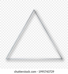 Marco triangular plateado brillante con sombra aislada sobre fondo transparente. Marco brillante con efectos brillantes. Ilustración vectorial.