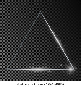Marco triangular plateado brillante con destellos aislados en fondo transparente oscuro. Marco brillante con efectos brillantes. Ilustración vectorial.