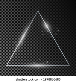 Silver glowing triangle frame with sparkles isolated on dark transparent background. Shiny frame with glowing effects. Vector illustration.