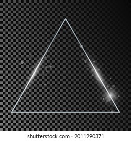 Silver glowing triangle frame with sparkles isolated on dark transparent background. Shiny frame with glowing effects. Vector illustration.