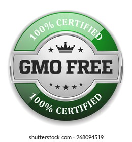 Silver gmo free badge with green border on white background