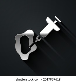 Silver GMO syringe icon isolated on black background. Genetically modified organism acronym. Dna food modification. Long shadow style. Vector