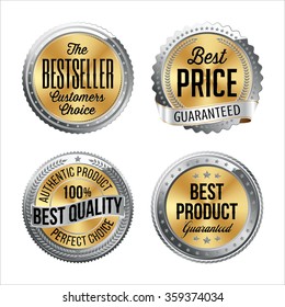 Silver and Gold Badges. Set of Four. Bestseller, Best Price, Best Quality, Best Product.