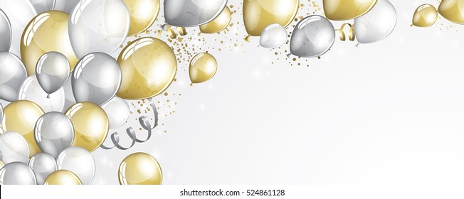 Silver and gold balloons and glitter festive banner