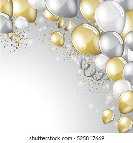 Silver and gold balloons and glitter festive background