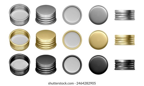 Silver gold and black bottle cap screws for containers with liquids. Vector isolated set of jar lids, side and top, front and inside view. Piece with copy space for text, clear aluminum part