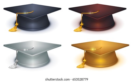 Silver, Gold And Black Mortarboard. Isolated On White Vector Illustration