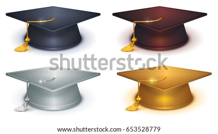 Silver, gold and black mortarboard. Isolated on white vector illustration