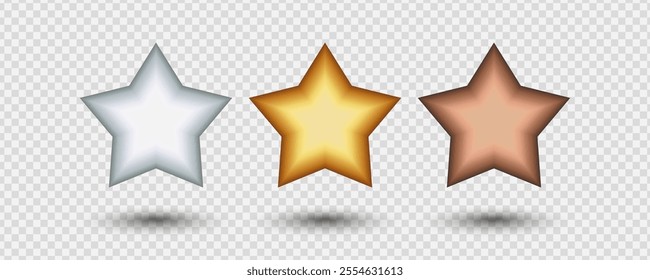 Silver, gold and bronze 3D star isolated on transparent background