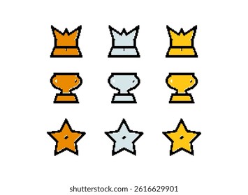silver, gold, bronze trophy crown and star icon for rank medal. modern retro trendy pixel art decoration elements vector illustration for game or any template
