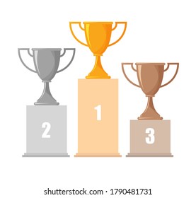 Silver, gold and bronze trophy cups. Award or winner cup on champion podium. Vector illustration isolated on white background.