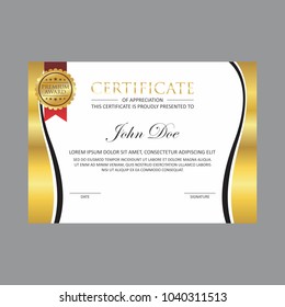 silver gold certificate design template with gold badge and red ribbon