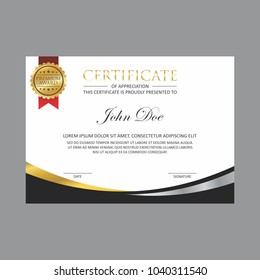 silver gold certificate design template with gold badge and red ribbon