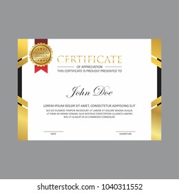 silver gold certificate design template with gold badge and red ribbon