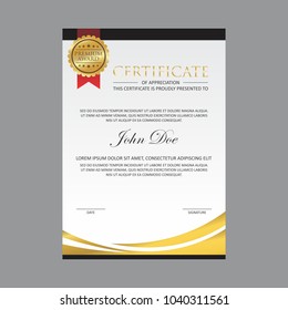 silver gold certificate design template with gold badge and red ribbon