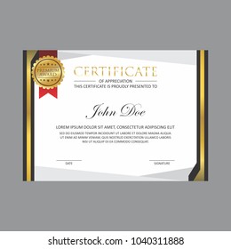 silver gold certificate design template with gold badge and red ribbon