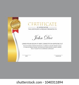silver gold certificate design template with gold badge and red ribbon
