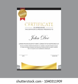 silver gold certificate design template with gold badge and red ribbon