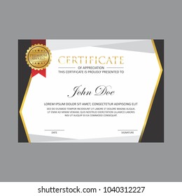 silver gold certificate design template with gold badge and red ribbon