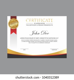 silver gold certificate design template with gold badge and red ribbon