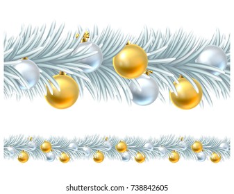 A silver and gold Christmas tree wreath garland design with baubles or decorations. Seamlessly tillable to make any length