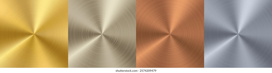 Silver gold circle gradient palette. Bronze aluminum brushed plate. Metal material radial glossy surface sheet. Holographic stainless steel texture background. Chrome platinum finish vector foil shine