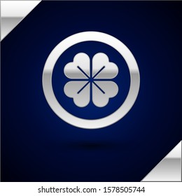 Silver Gold coin with four leaf clover icon isolated on dark blue background. Happy Saint Patricks day.  Vector Illustration