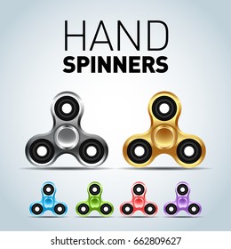 Silver, gold and color fidget spinners and text info. Fidget spinner isolated vector fashion illustration.