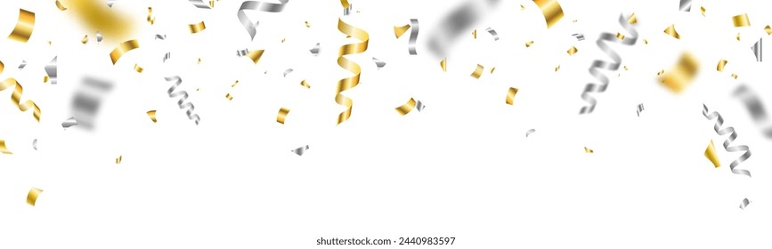 Silver and gold confetti background. Celebrate event card. Glitter falling paper. Anniversary party. Carnival serpentine and tinsel poster. Festive birthday surprise decoration. Vector illustration.