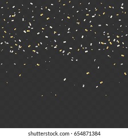 Silver And Gold Confetti White Ribbon Falling On Background. Celebration. Vector Illustration