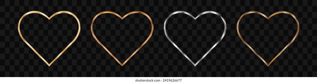 Silver, gold, copper and bronze frames in the shape of a heart for a picture or photo. 3d vector illustration isolated on transparent background.